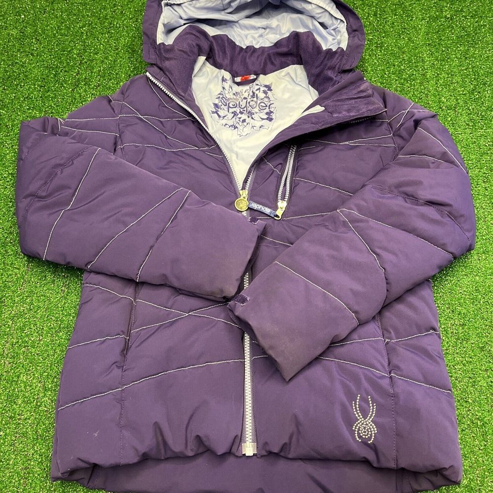 Spyder Girls Snowboard Ski Winter Jacket Purple Hooded Size 14 No Fauxโ Fur Trim
